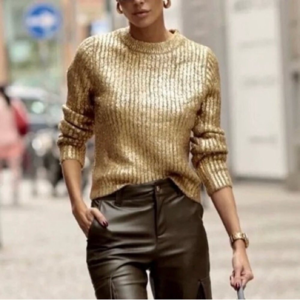 ZARA Gold Metallic Foil Cable Knit Sweater